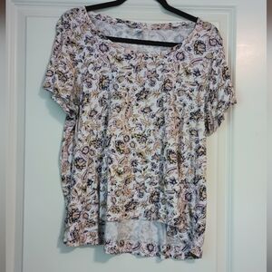 Old Navy Pink and Yellow Floral Scoop Neck High Low Hem Tee